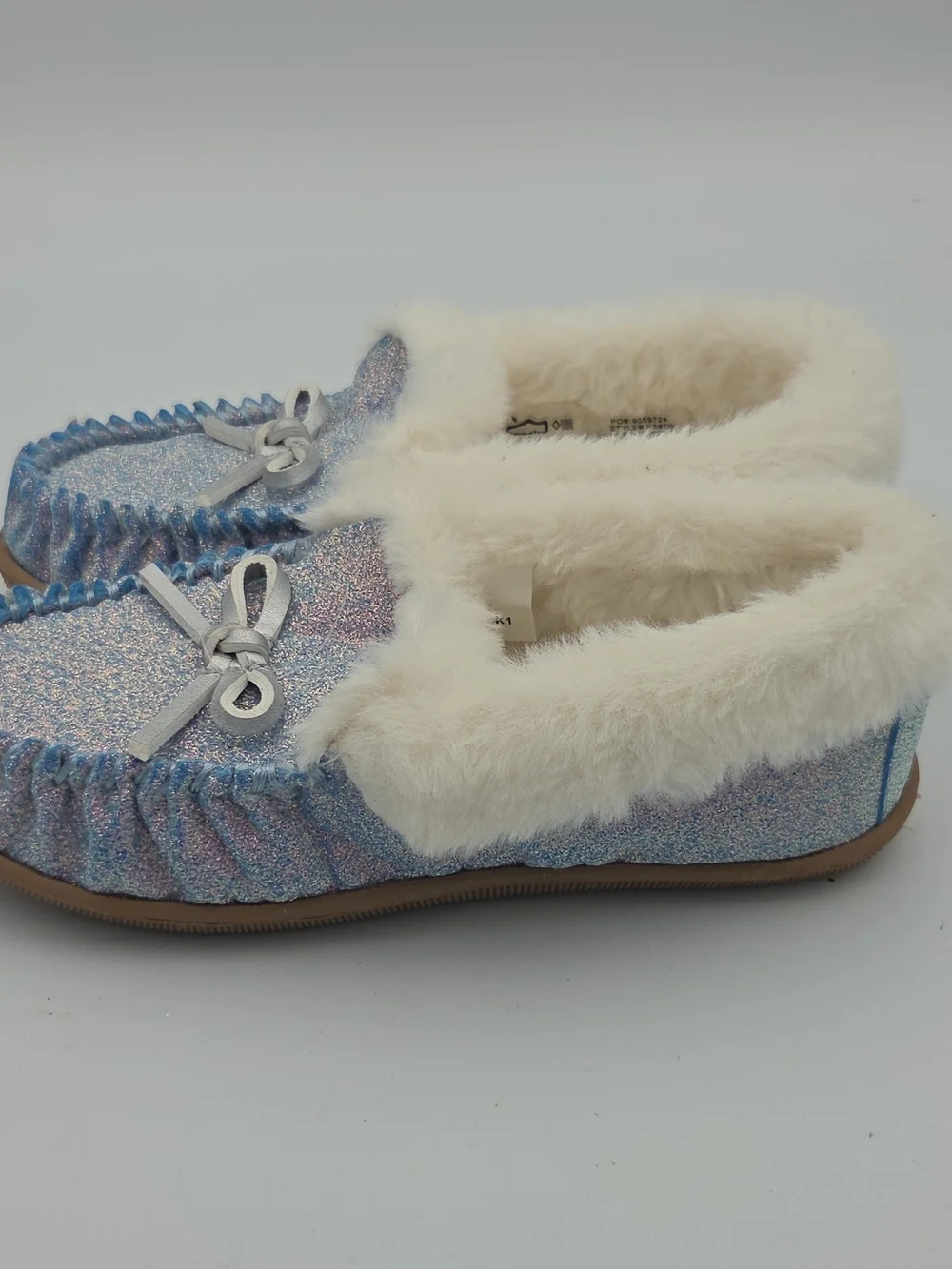 J. Crew Iridescent Blue Glitter Fur-Lined Moccasin Slippers Girl's Size 1